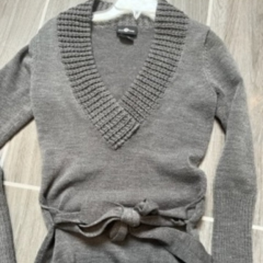 grey long v neck sweater with belted tie at waist